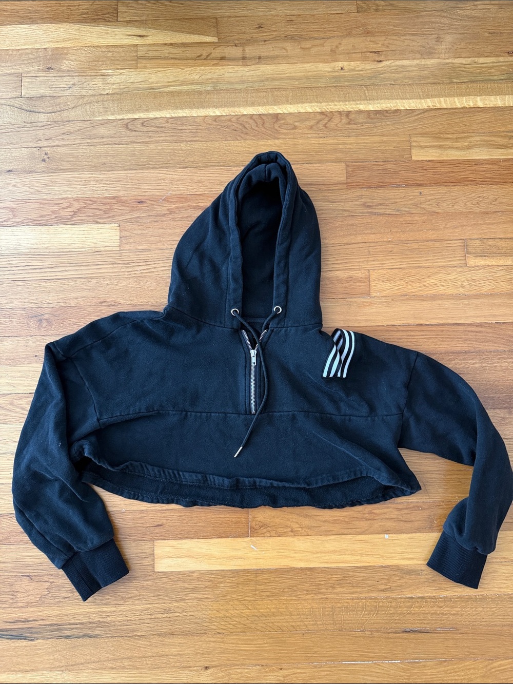 Emma & Sam Black Cropped Hoodie with Stripe Detail